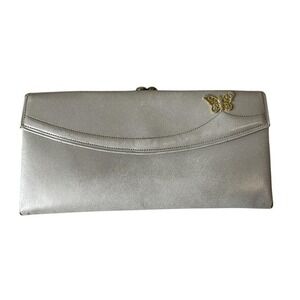 Vintage 70s  Leather Wallet Clutch Butterfly Appliqué Kiss‎ Lock Pearl White